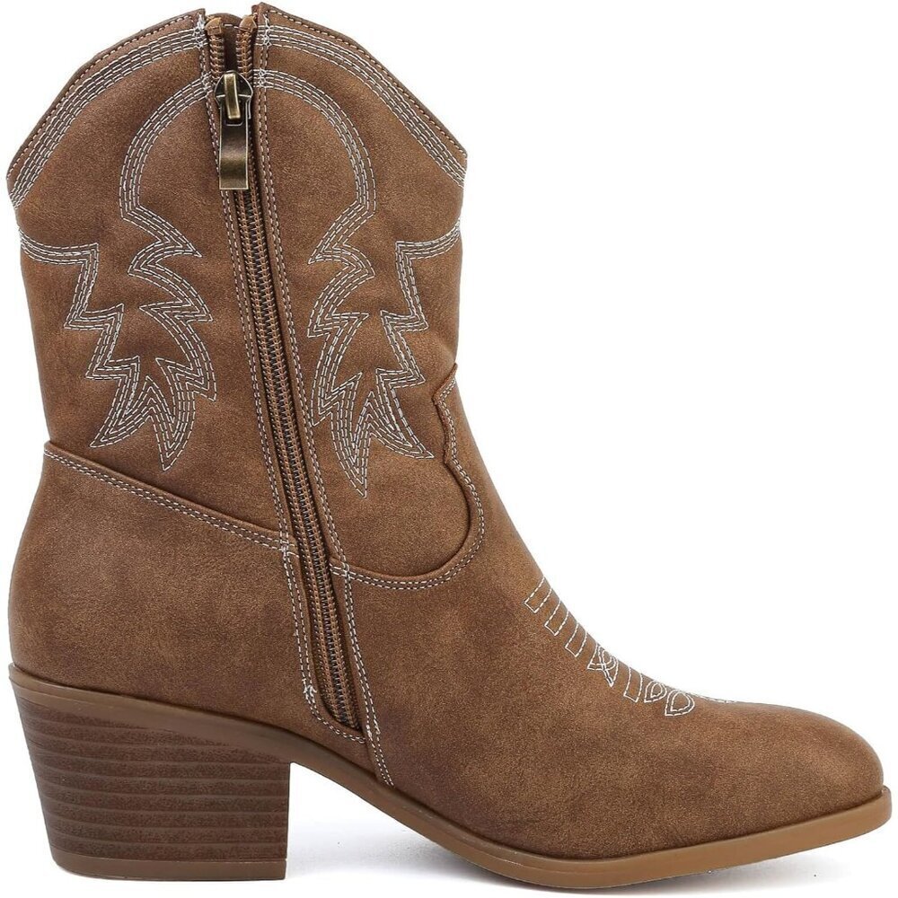 Todaysunny Women Brown Western Femme Cowboy Calf Ankle Booties With Side Zip